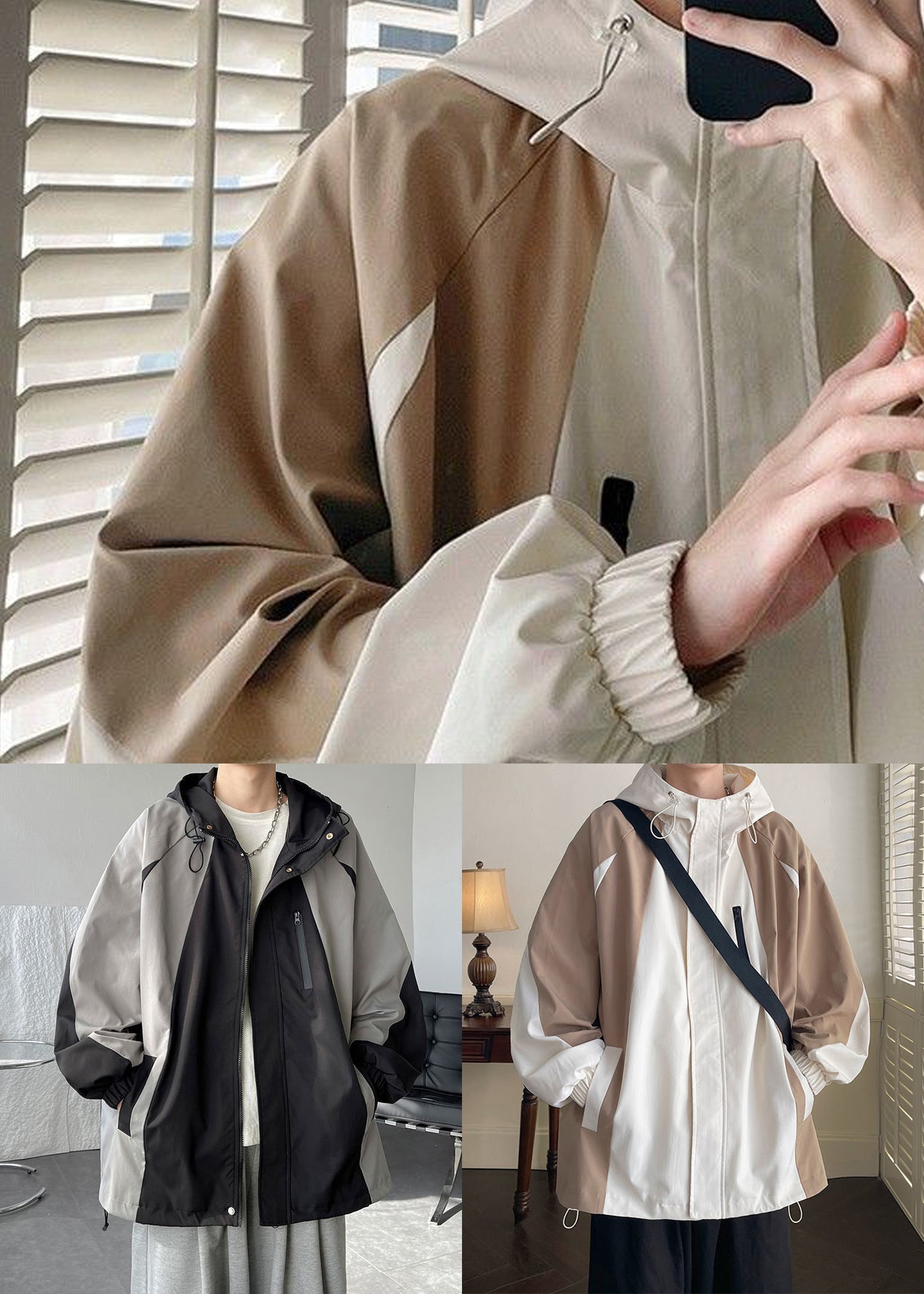 Cotton Hooded Patchwork Classy Coats Grey Drawstring Spring