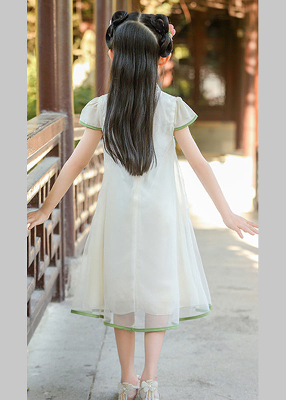 Classy White Stand Collar Print Tulle Maxi Dresses Summer Mn025