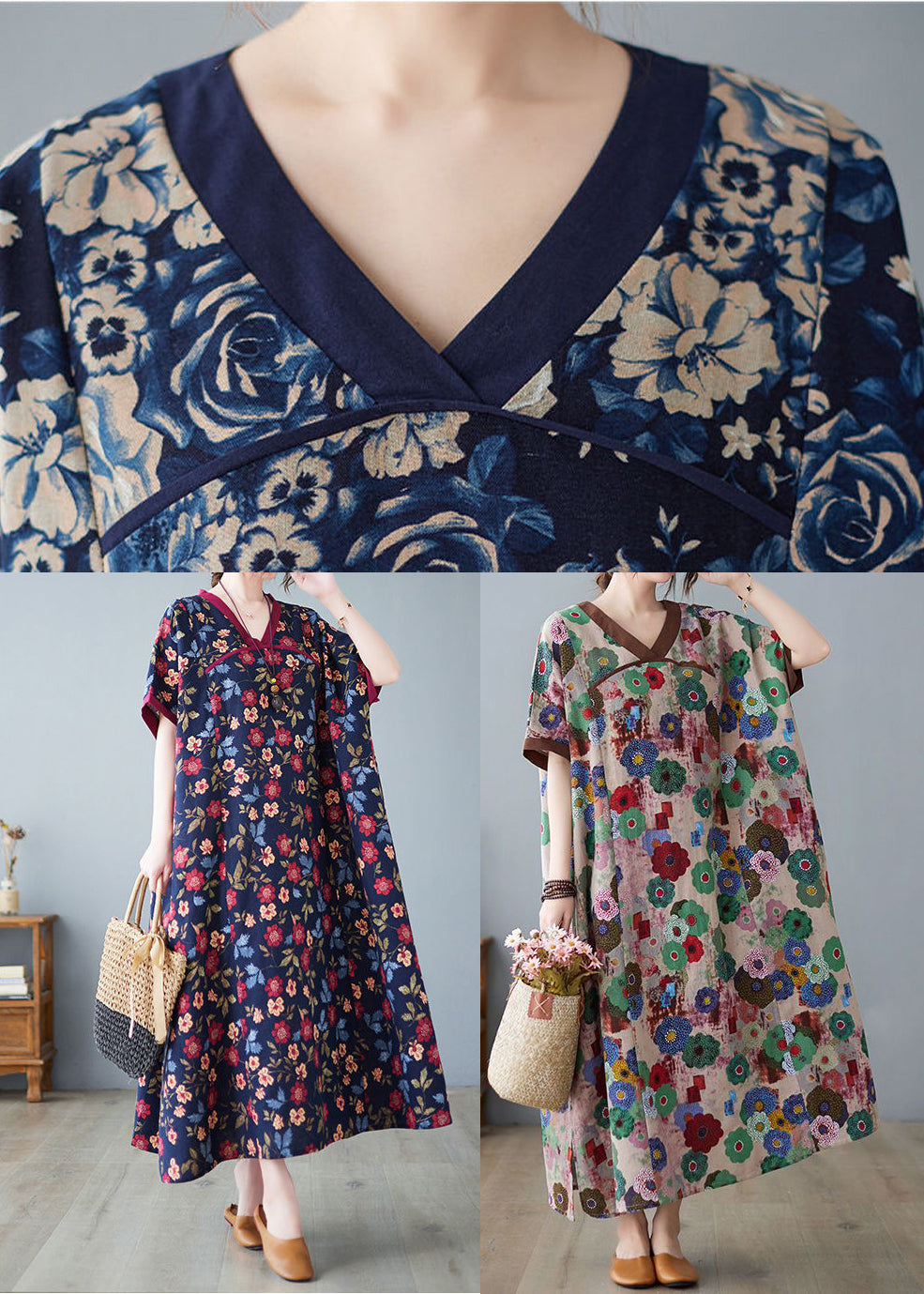 Classy Mulberry V Neck Print Cotton Long Dresses Summer Ly0889