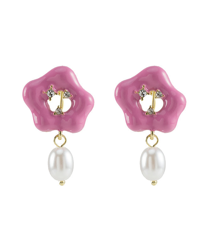 Pink Alloy Pearl Drip Glaze Drop Earrings