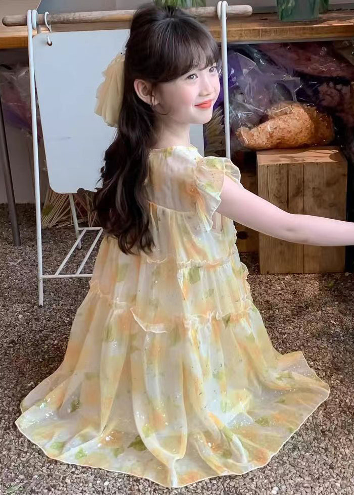 Yellow O-neck Ruffled Chiffon Long Dress Summer Tt021