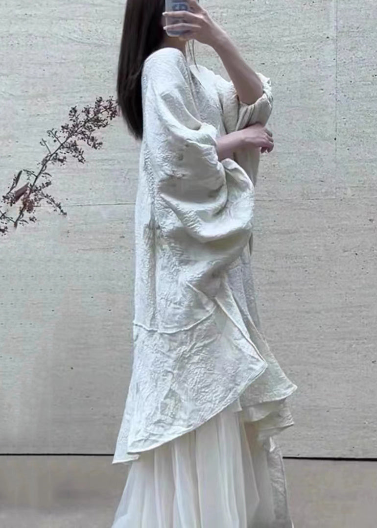 Beige Asymmetrical Tulle Patchwork Maxi Dress Lantern Sleeve Xx095