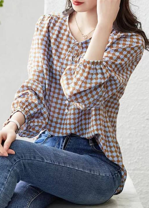 Coffee Print Lace Up Cotton Blouses Long Sleeve Re015