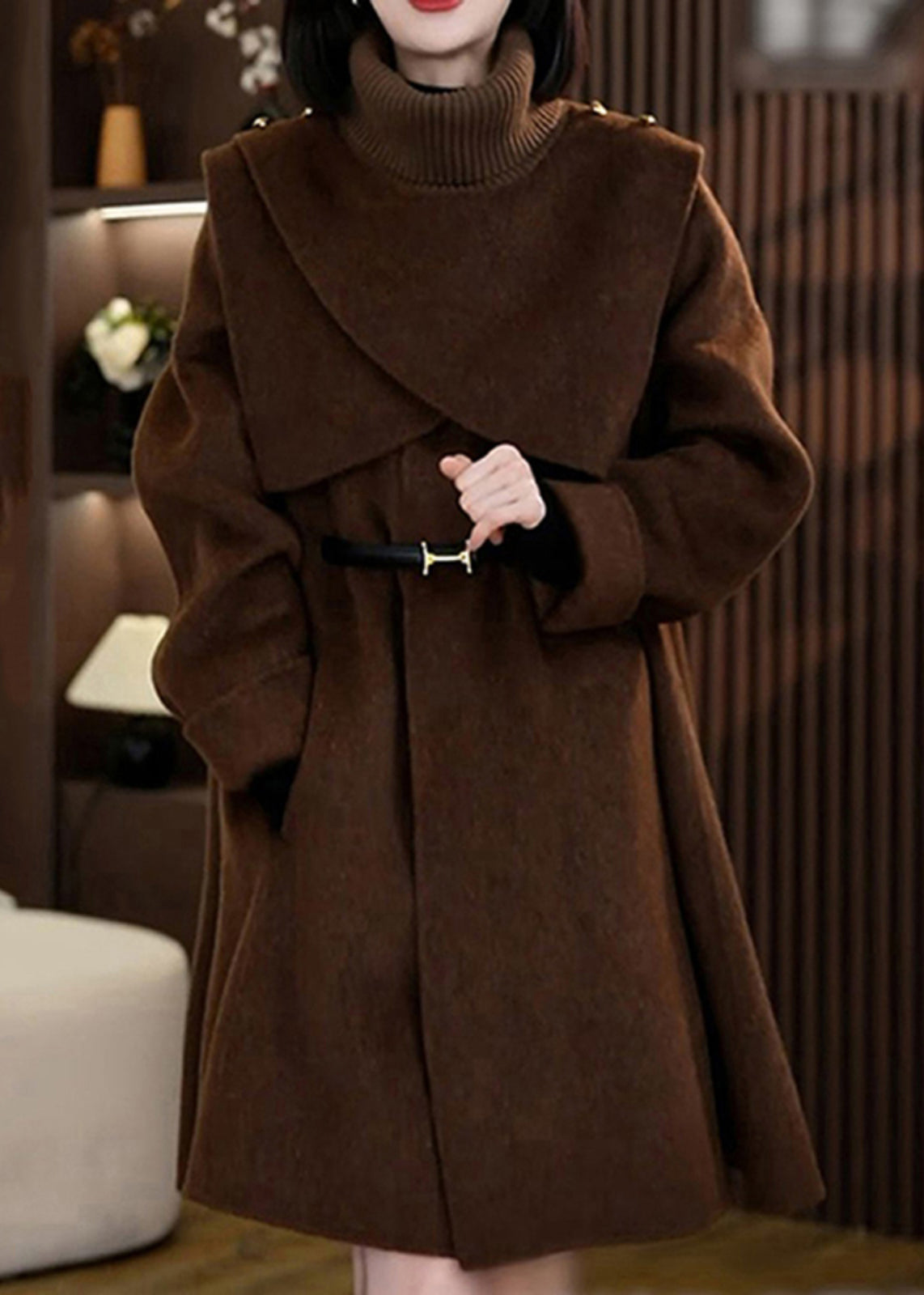 Coffee Woolen Coats and Knit Scarf Two Pieces Set Winter Rf041