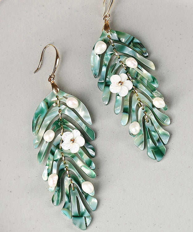 Green Copper Pearl Shell Flower Asymmetricar Leaf Drop Earrings
