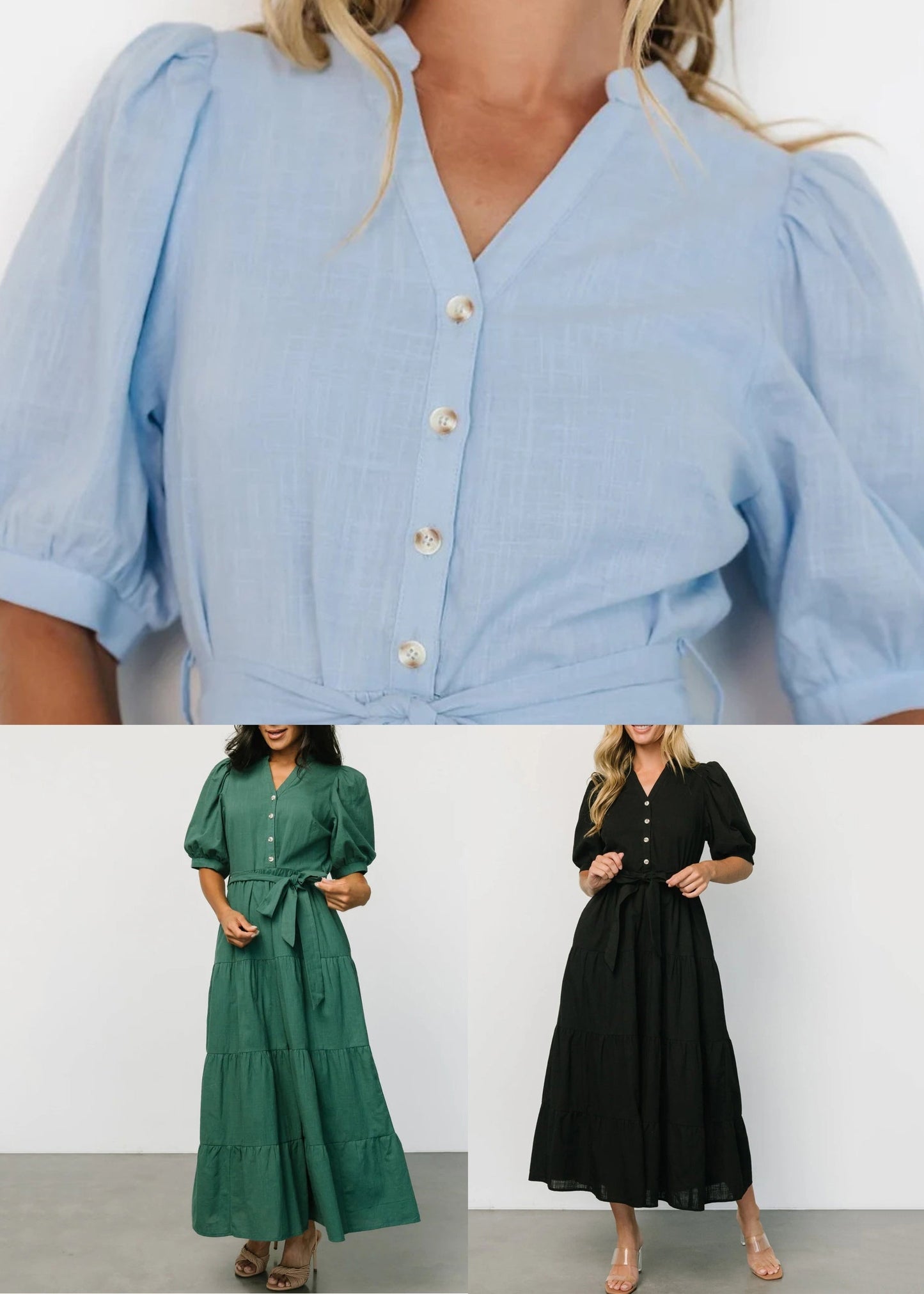 Light Blue V Neck Pockets Cotton Long Dress Summer Au1005