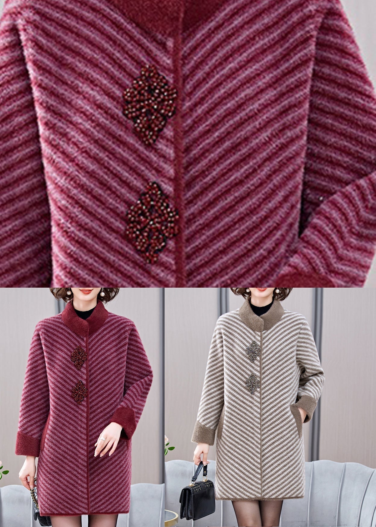 Mulberry Striped Patchwork Mink Velvet Coats Spring Ta016