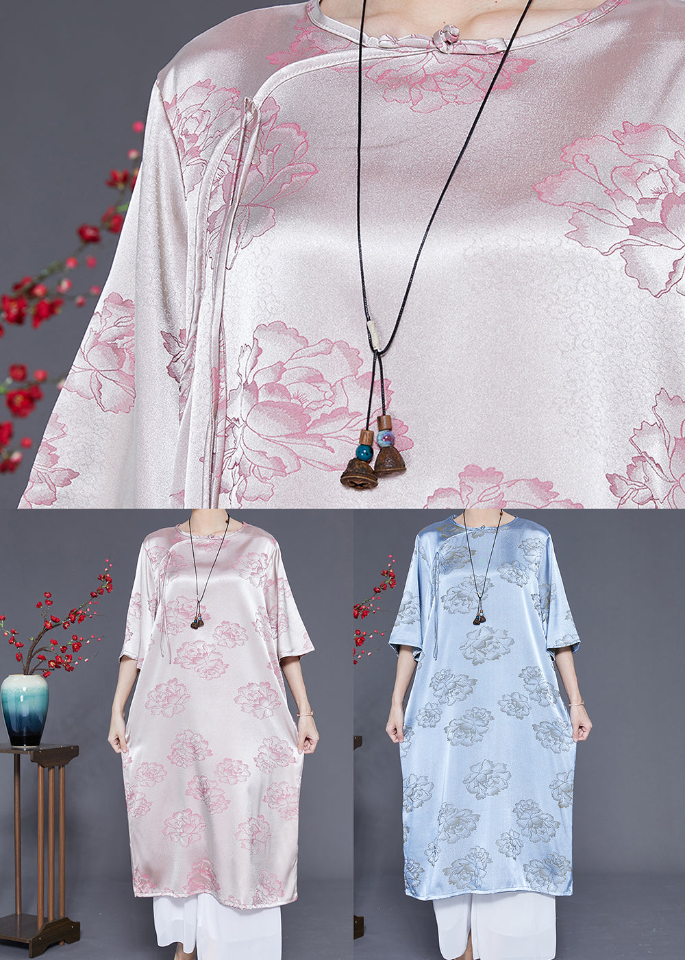 Blue Print Silk Long Dresses Chinese Button Tassel Half Sleeve Ly1858