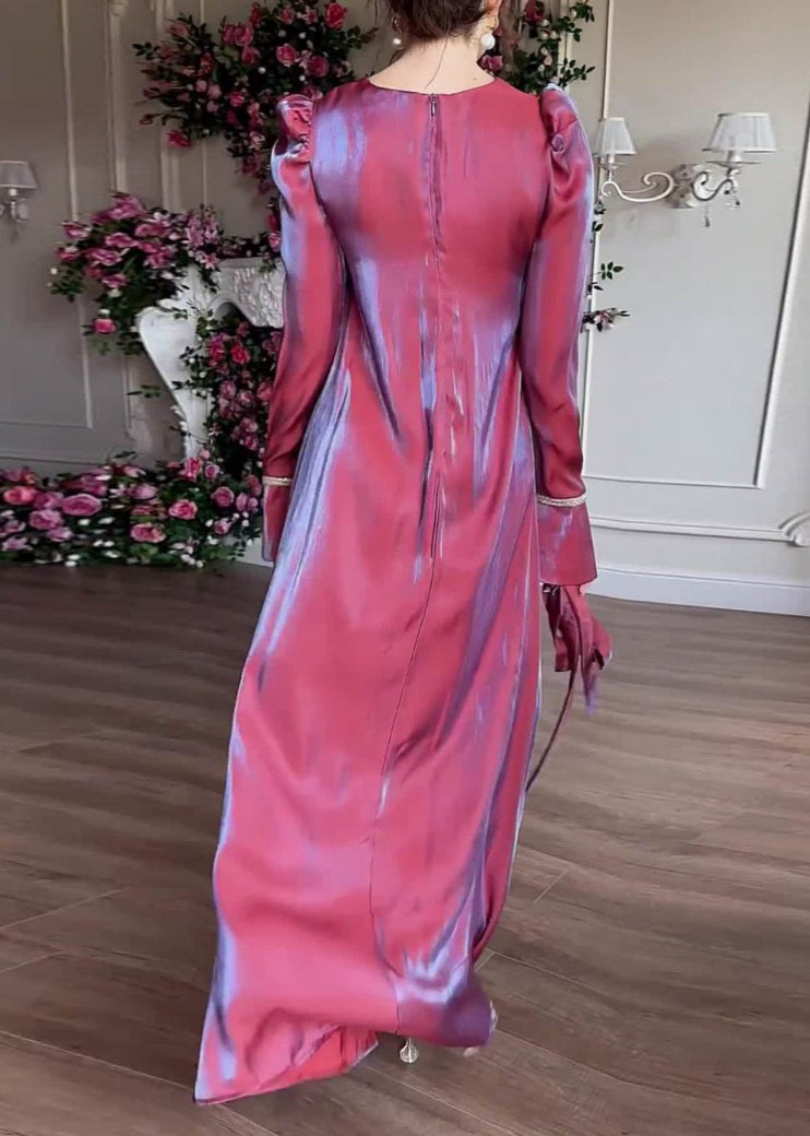 Purple O Neck Silk Maxi Dress Fall Wo050
