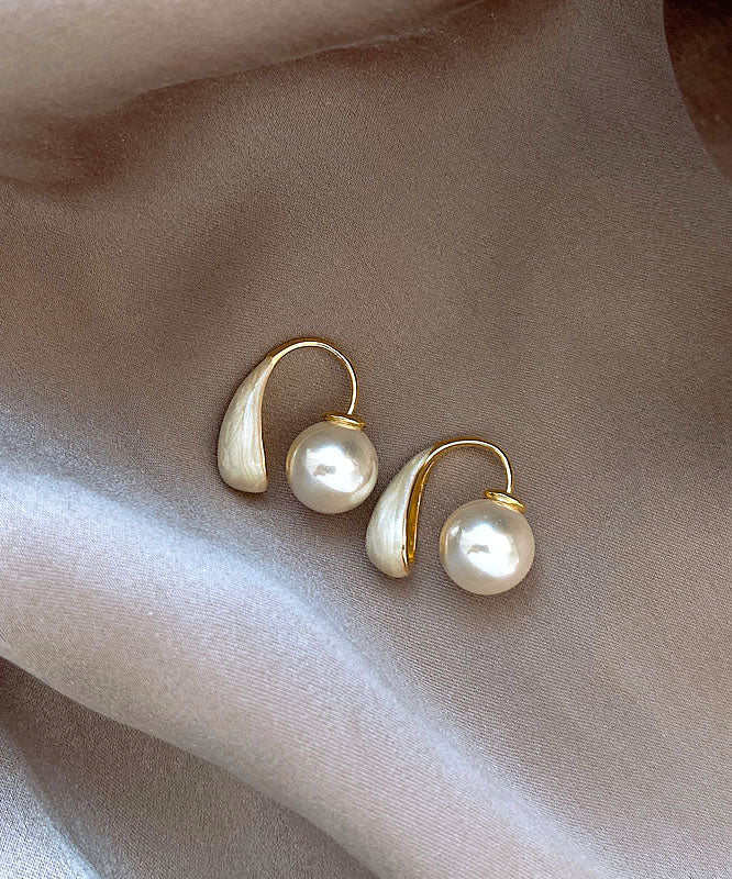 White Copper Alloy Drip Glaze Pearl Hoop Earrings