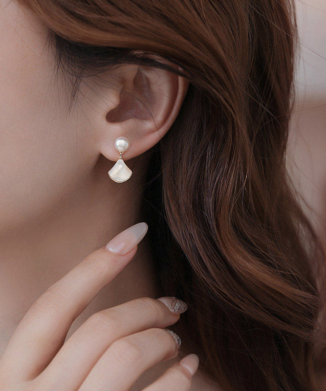 White Copper Overgild Pearl Shell Fan-shaped Stud Earrings