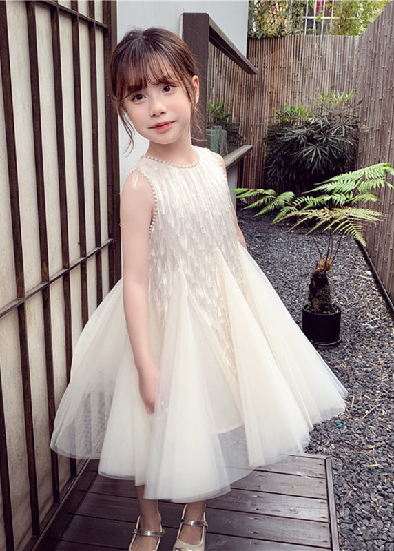 White O-neck Nail Bead Tulle Kids Long Dress Sleeveless Ew012