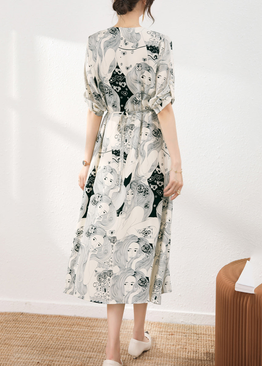 Beige V Neck Print Tie Waist Chiffon Maxi Dress Short Sleeve Uu1055