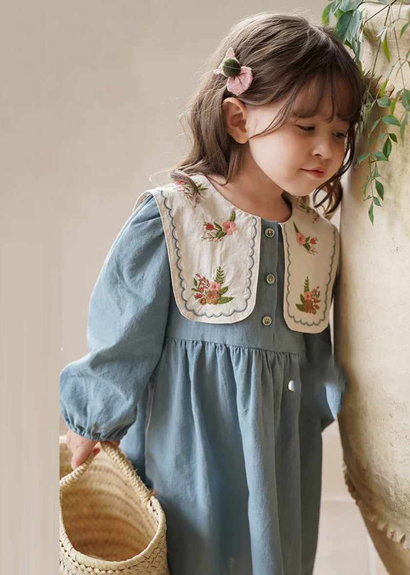Blue Embroideried Patchwork Long Dress Fall Ss1034