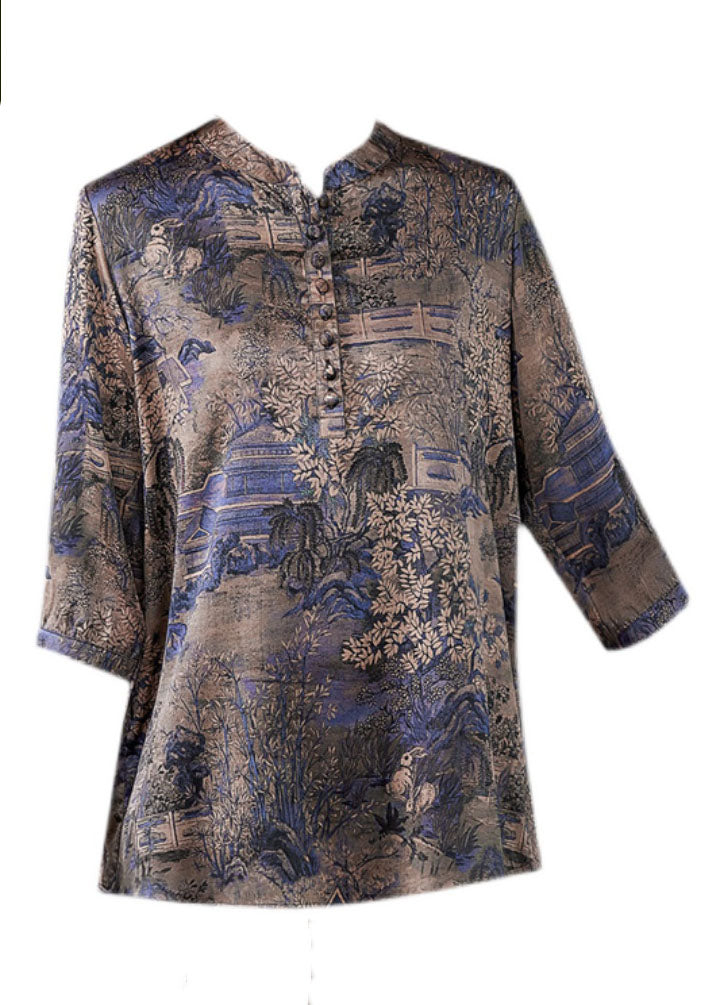 Blue Patchwork Print Button Silk Blouse Tops Summer Ly0427