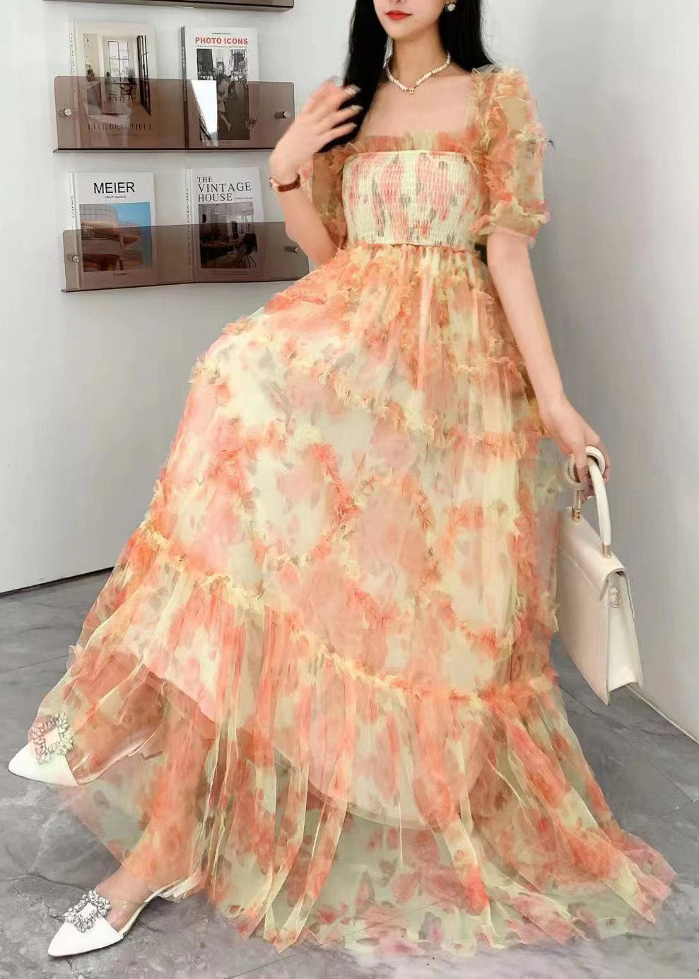 Blue Square Collar Ruffled Print Tulle Long Dress Summer Xx075