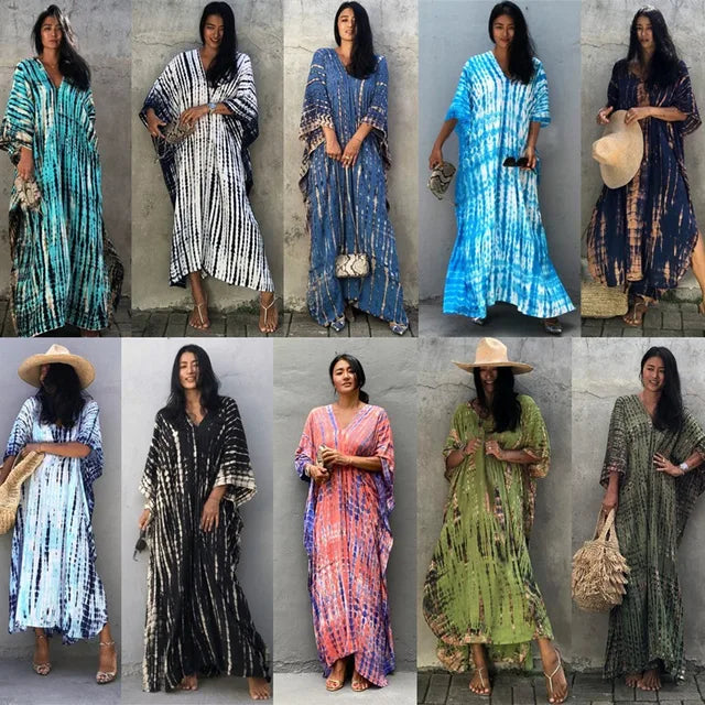 Striped Print Long Dresses V-neck Bat Sleeve Loose Slit Beach Dress Summer New Beachwear Vestidos
