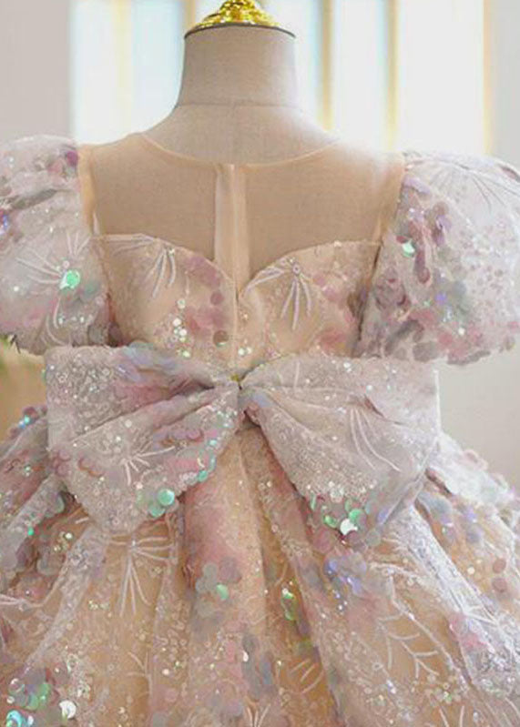 O-neck Sequins Patchwork Tulle Kids Maxi Dress Summer Ys018