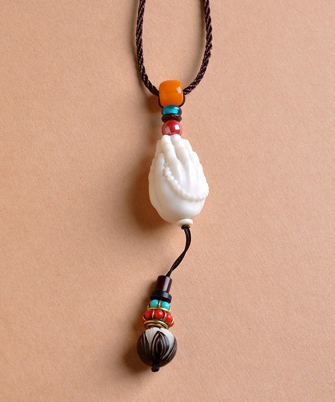 White Cotton 45% Linen 55% Beeswax Coloured Glaze Lotus Pendant Necklace