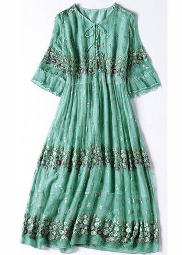 Fine Grass Green Embroideried Patchwork Silk Maxi Dresses Ac3047
