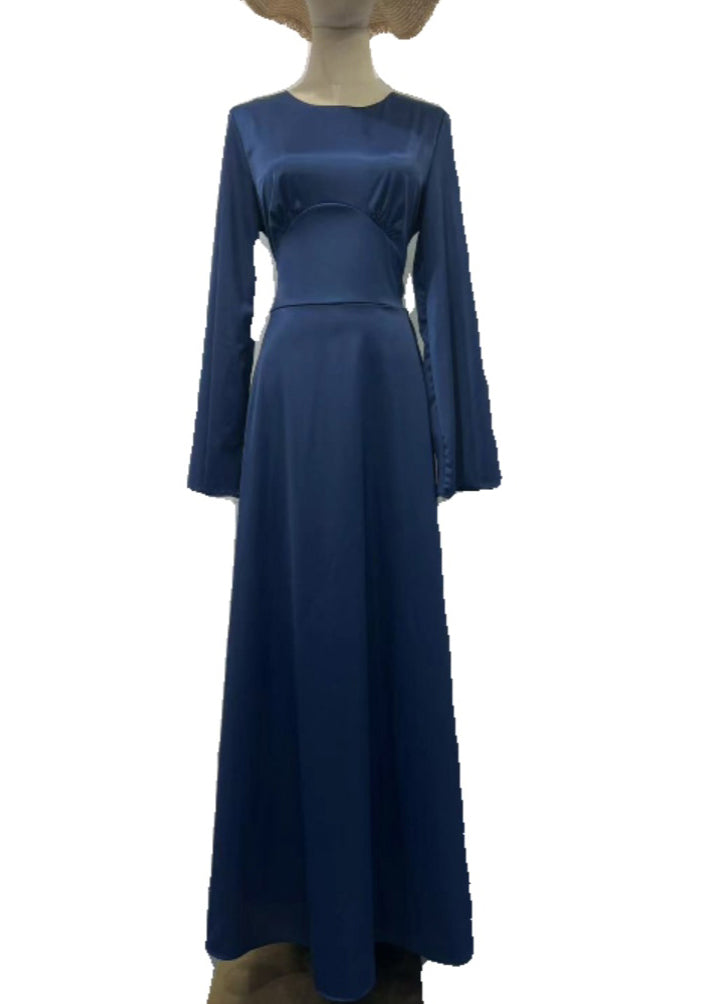 Fine Navy O Neck Lace Up Slim Fit Silk Long Dress Fall Wo057