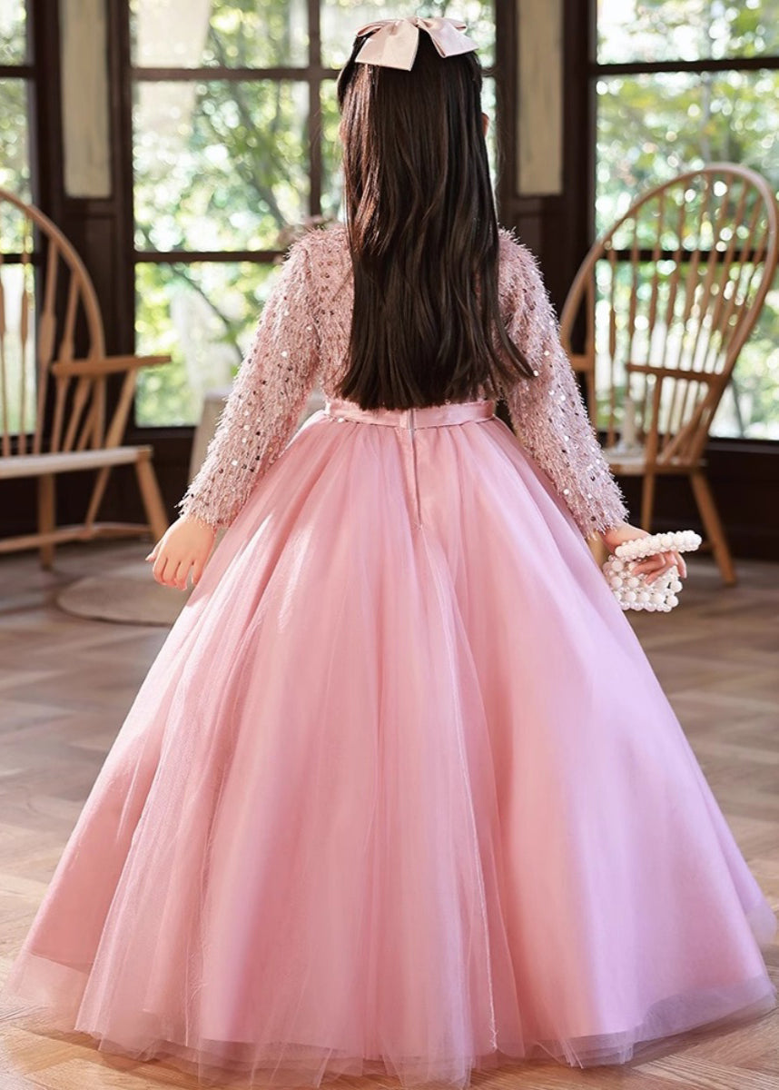 Fine Pink O-neck Patchwork Tulle Maxi Dress Winter Rp044