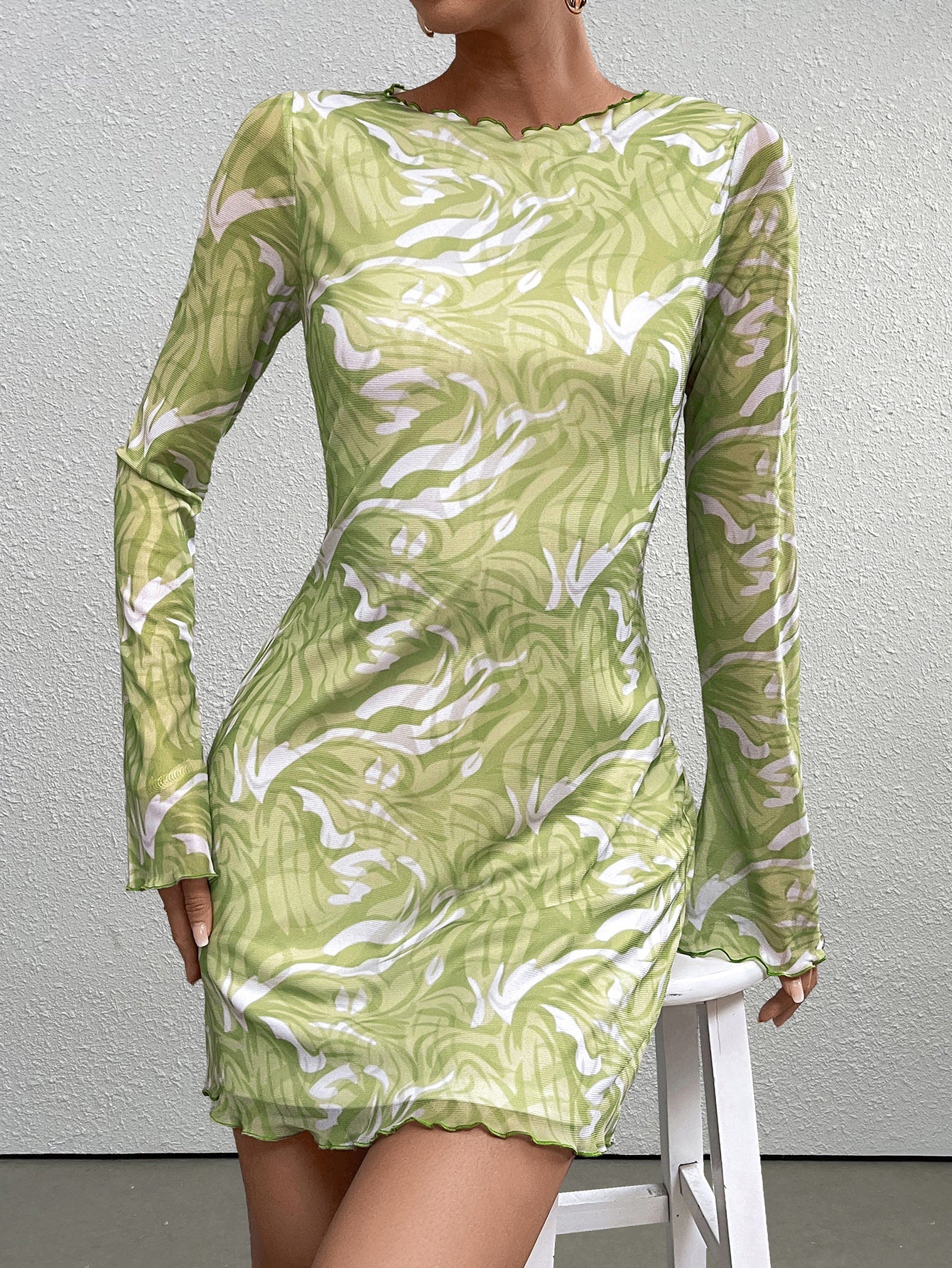Flounce Sleeve Print Mesh Mini Dress