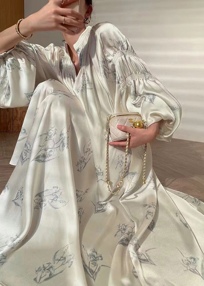 French Beige Print Tie Waist Silk Maxi Dress Long Sleeve Aj1016