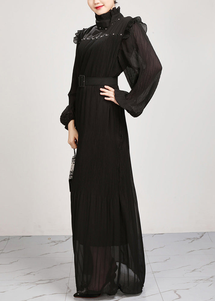French Black Ruffled Chiffon Maxi Dresses Fall Ar1038
