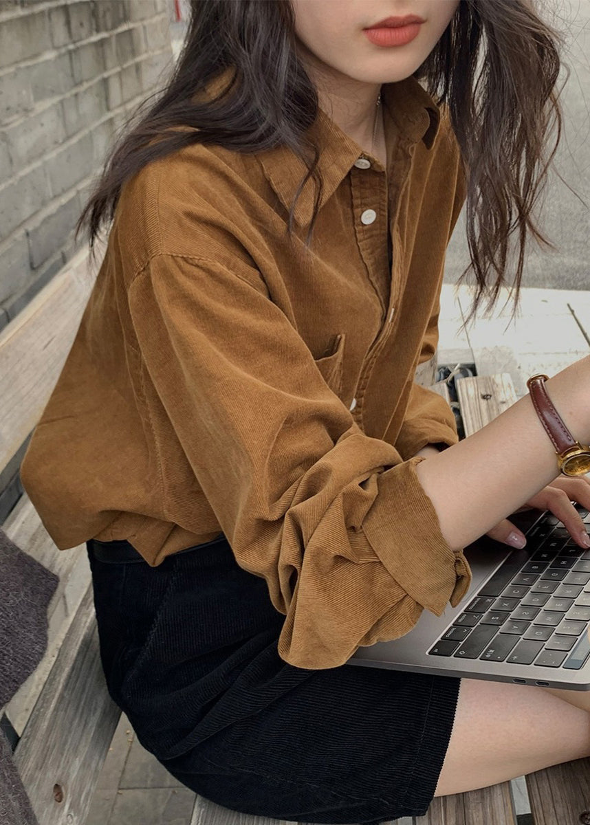 French Caramel Button Pockets Patchwork Cotton Blouse Fall Tu019