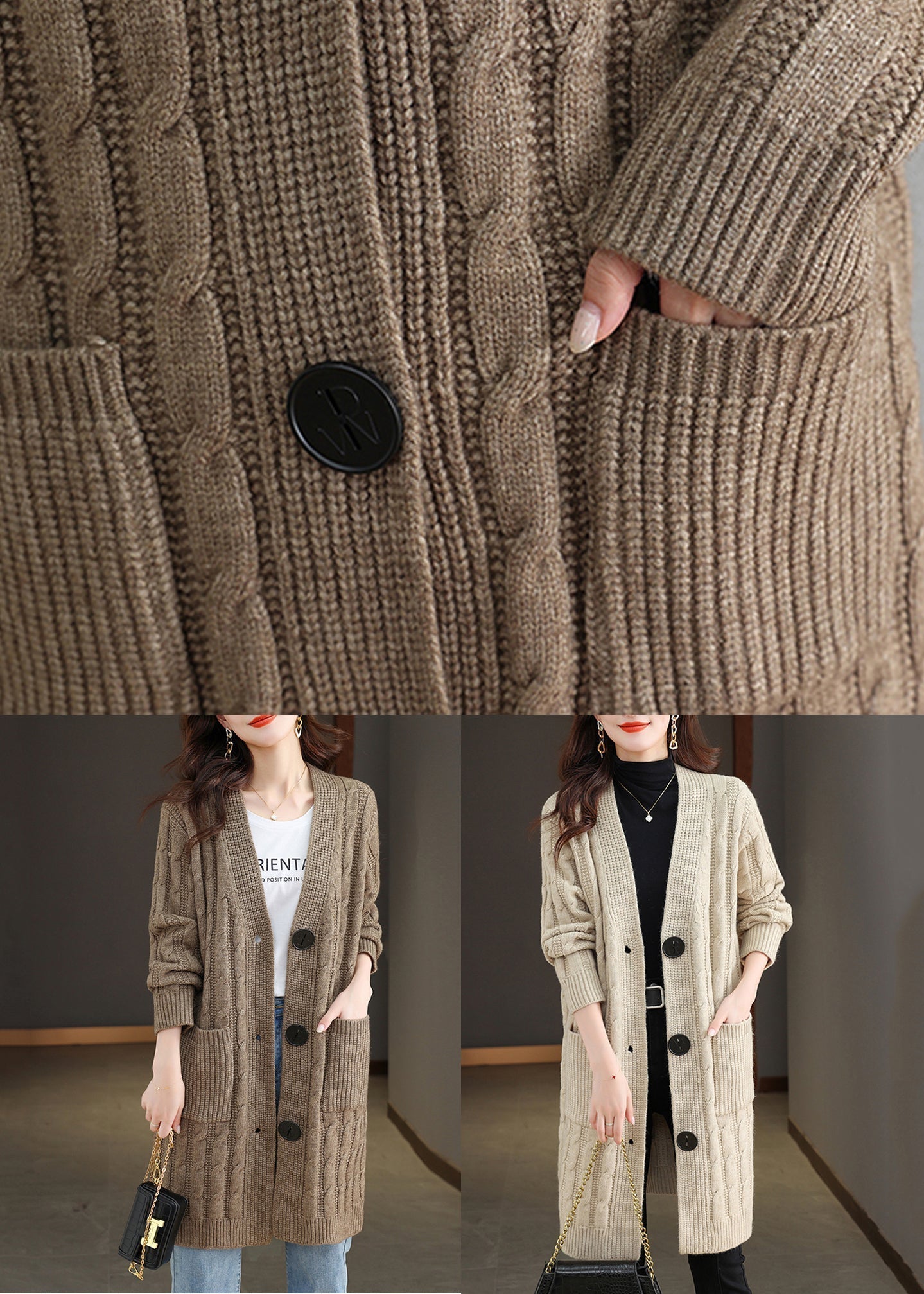 French Dark Khaki V Neck Button Wool Knit Cardigan Fall Qs013