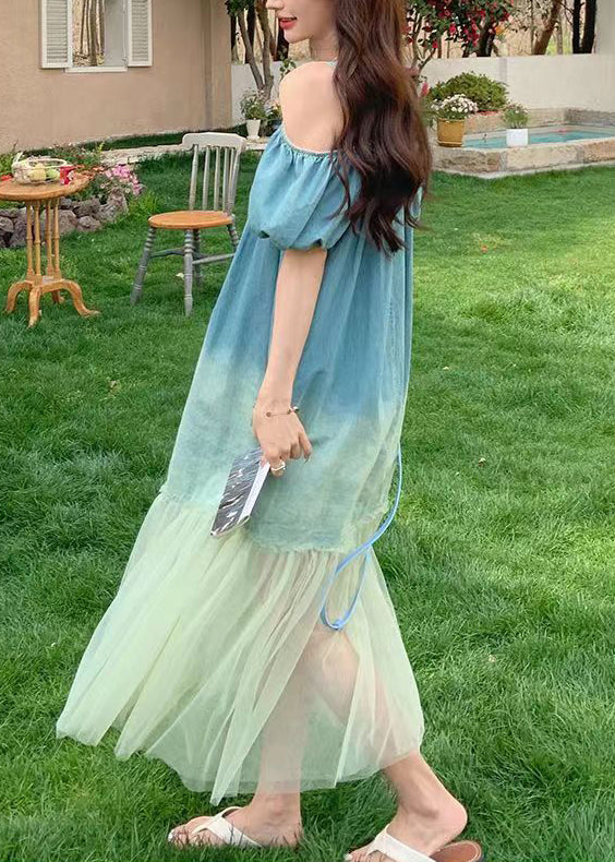 French Gradient Color Tulle Patchwork Long Dresses Summer Xx004