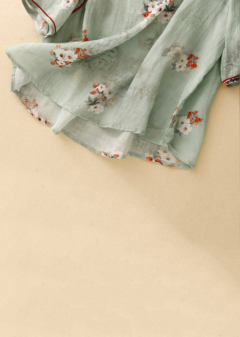 French Green Stand Collar Print Linen Blouses Half Sleeve Jh067