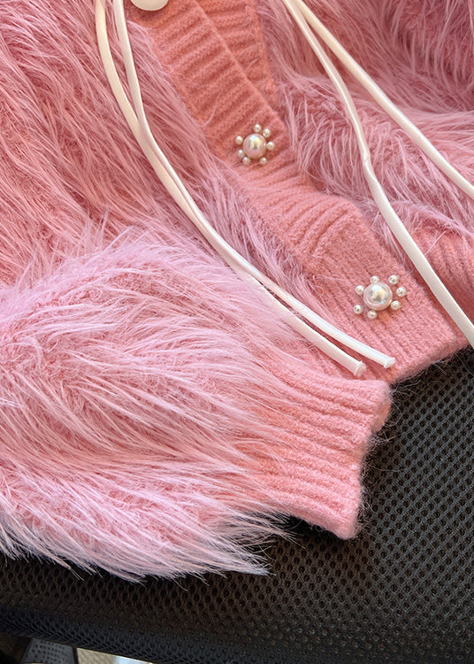 French Pink V Neck Tassel Mink Hair Knitted Cardigan Spring Tn005