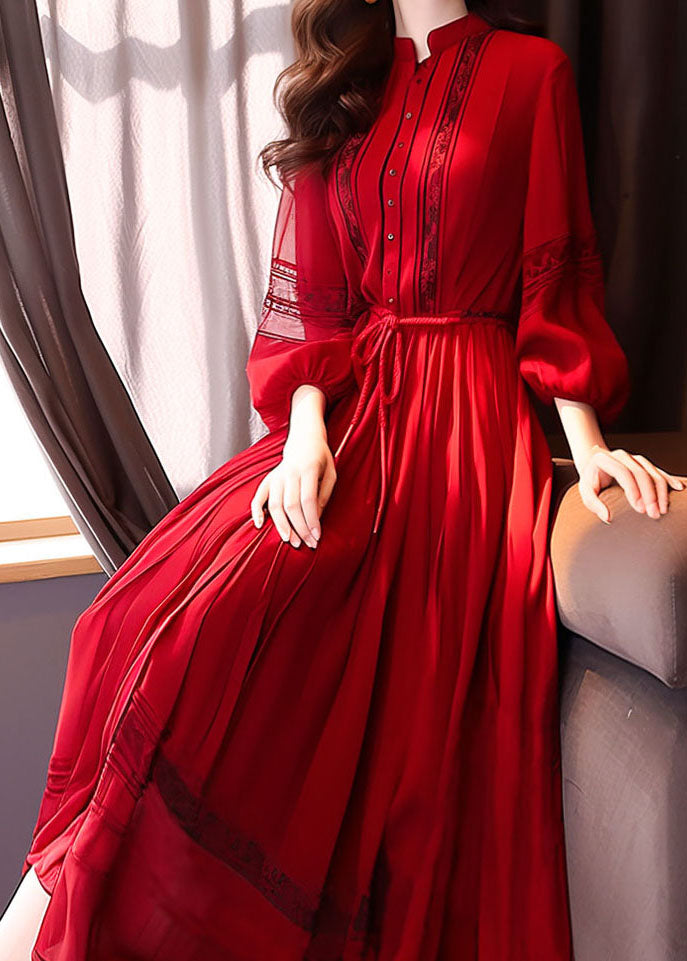 French Red Hollow Out Lace Up Long Dress Bracelet Sleeve Qr033