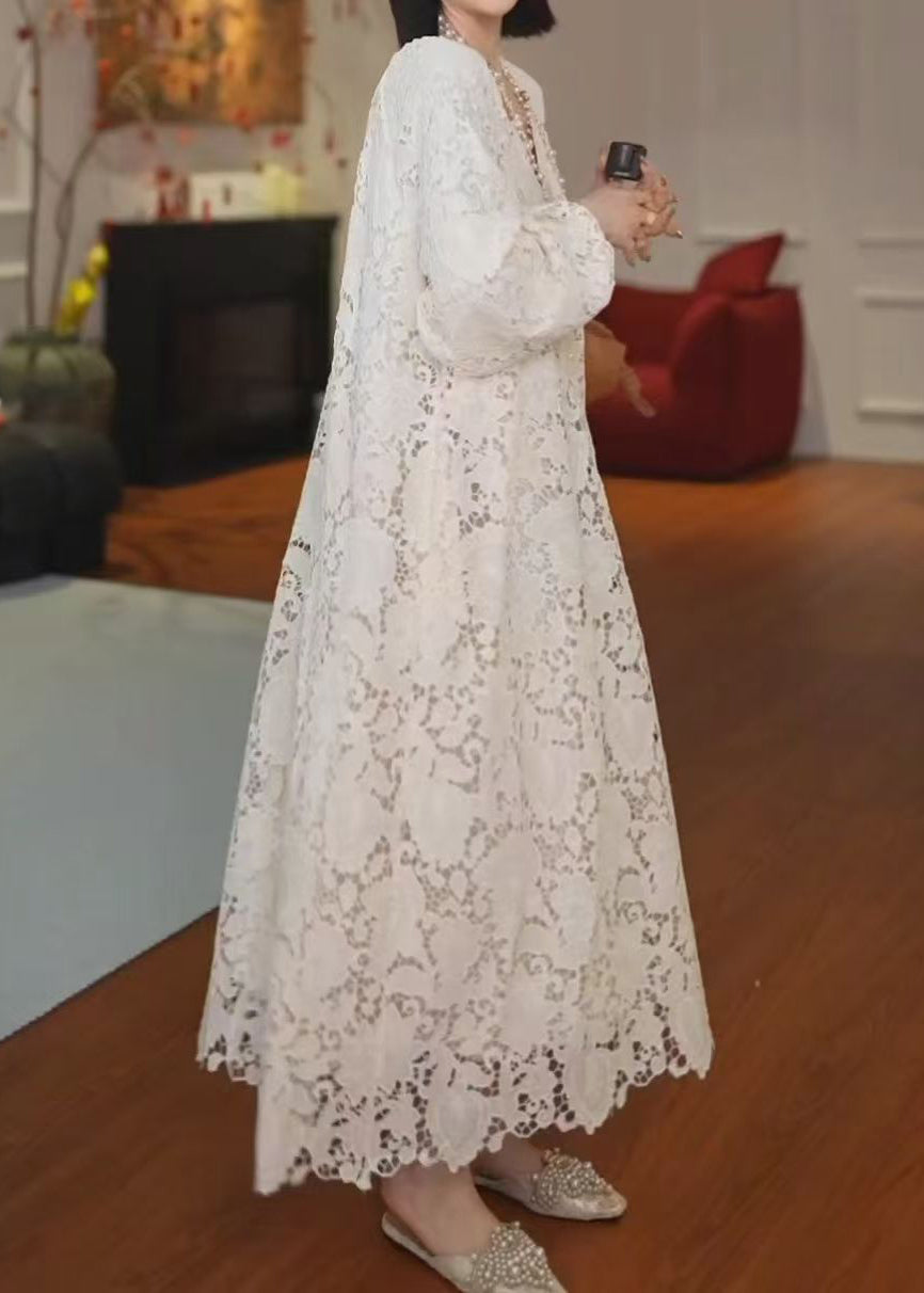 French Versatile Beige Hollow Out Lace Long Dress Summer Zl001