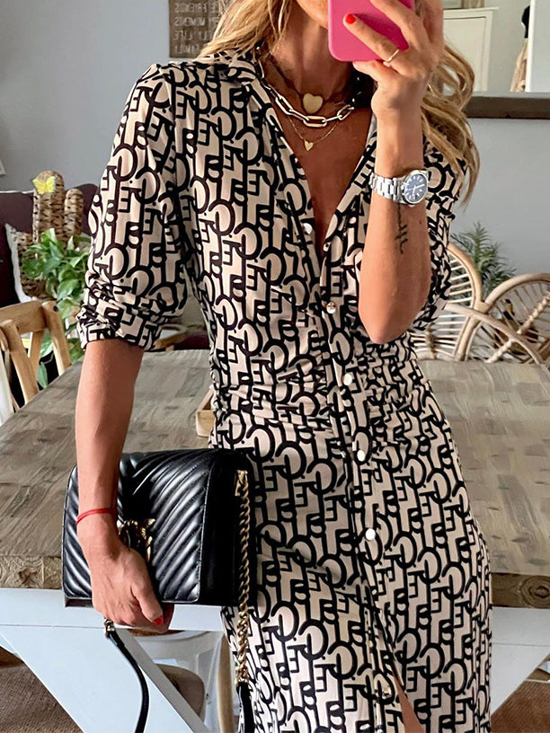 Geometric Printed Long Sleeves Buttoned Maxi Dress