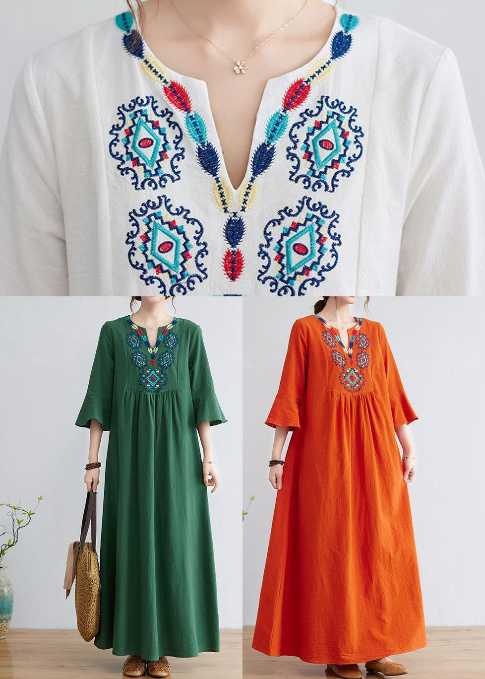 Orange Embroideried Wrinkled Cotton Maxi Dress Bracelet Sleeve Ly0913