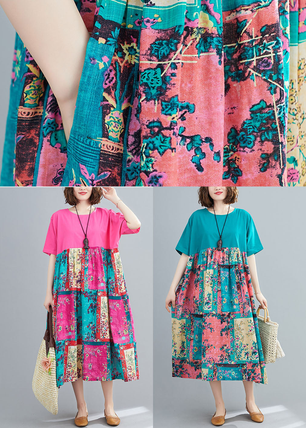 Loose Rose Oversized Patchwork Cotton Long Dresses Summer Ly1540