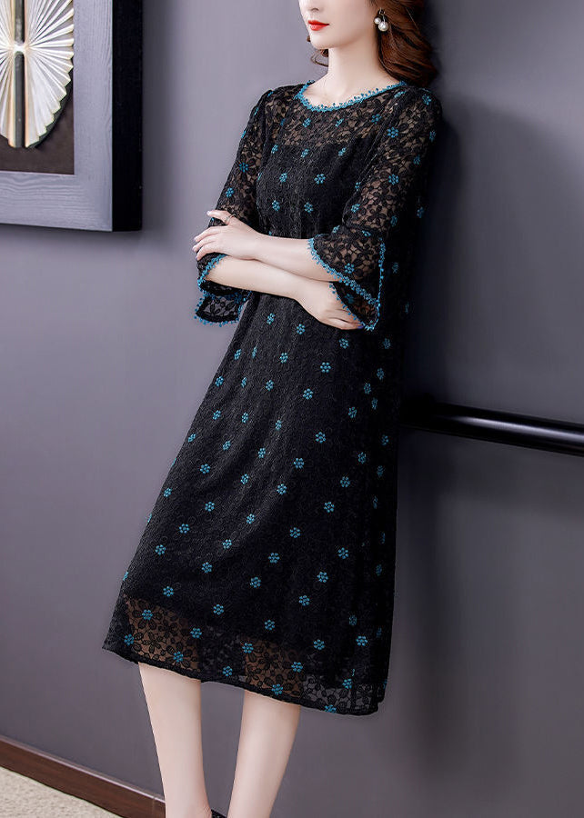 Handmade Black Embroideried Hollow Out Silk Maxi Dresses Flare Sleeve Ac3009
