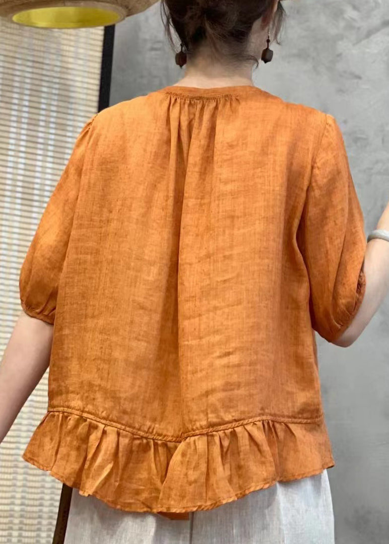 Handmade Orange Embroidered Button Linen Blouses Summer Jh071