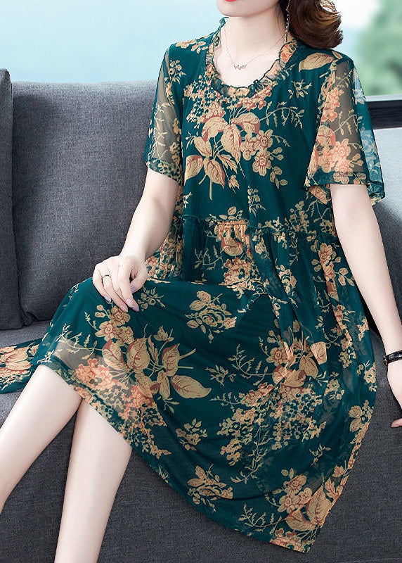 Italian Green O-neck Print Holiday Long Dress Summer Ly1781