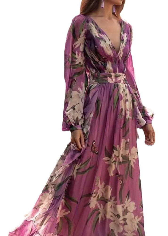 Italian Purple V Neck Print Chiffon Maxi Dresses Long Sleeve Ww1047