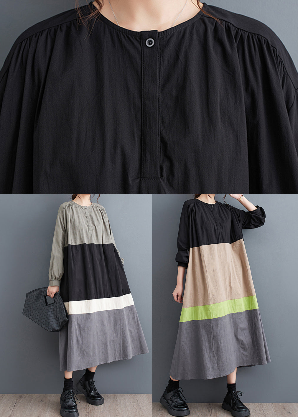 Black O Neck Patchwork Cotton Long Dress Fall Qa056