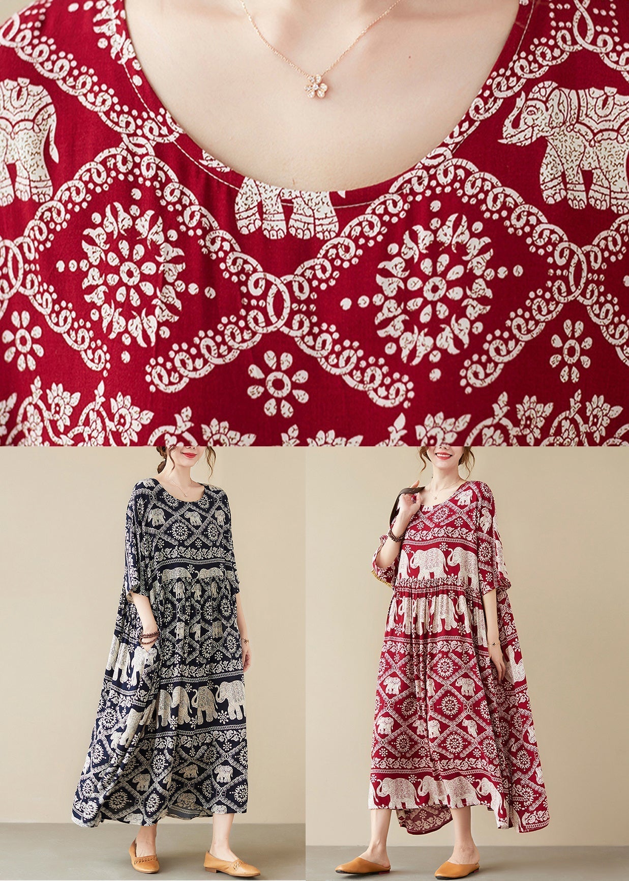 Loose Black O-neck Print Maxi Dress Half Sleeve Vb1010