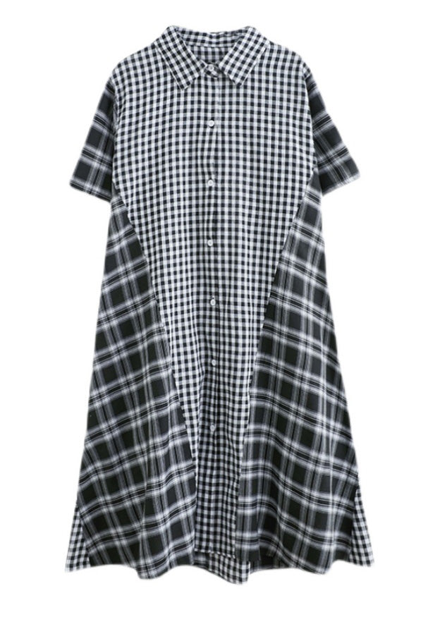 Loose Black Peter Pan Collar Plaid Patchwork Button Long Dress Ac2092