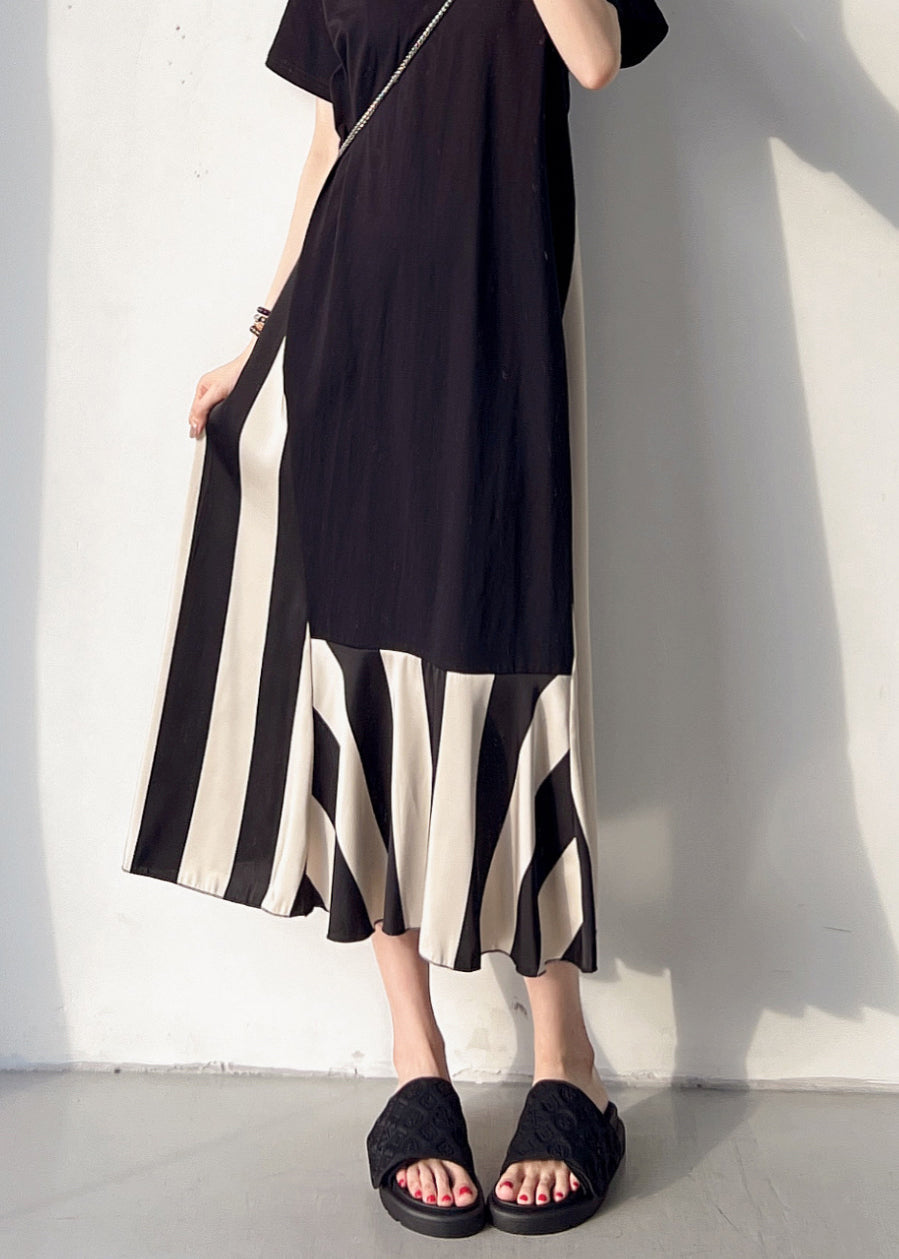 Loose Black V Neck Patchwork Cotton Long Dress Summer Bv004