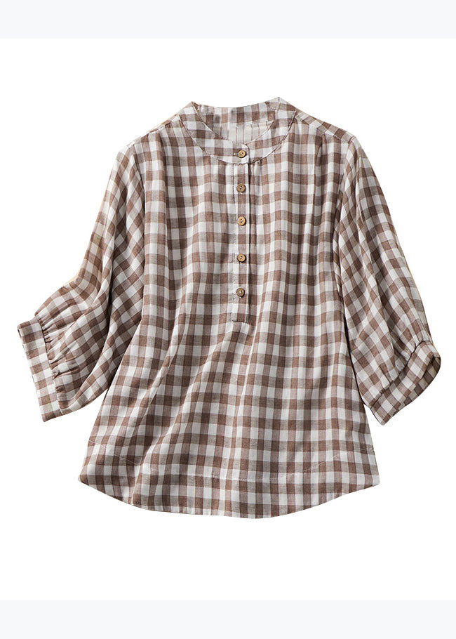 Loose Blue Plaid Stand Collar Cotton Blouses Bracelet Sleeve Am1061