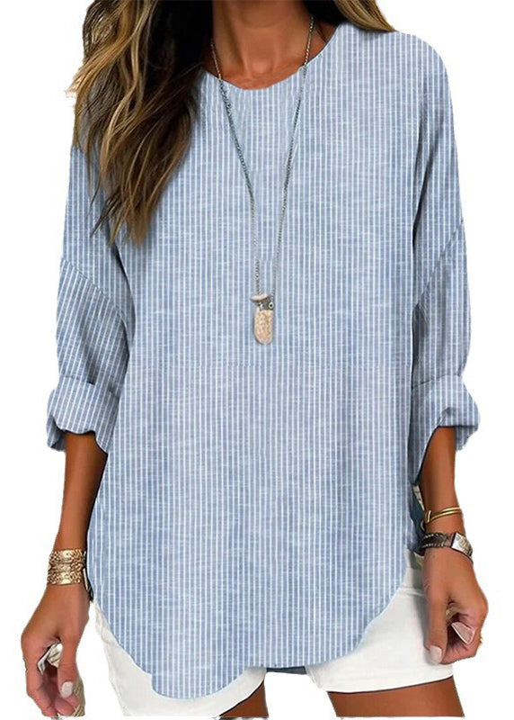 Loose Blue Striped O-neck Patchwork Cotton Blouses Fall Qa014