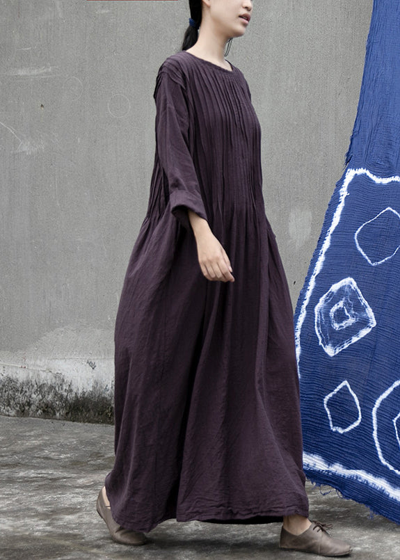 Loose Purple O Neck Wrinkled Linen Long Dress Long Sleeve Mn083